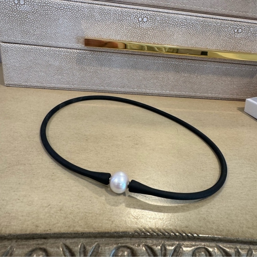 - SOLD - Luxury Designer Black Leather Necklace with a Real Cultured Pearl